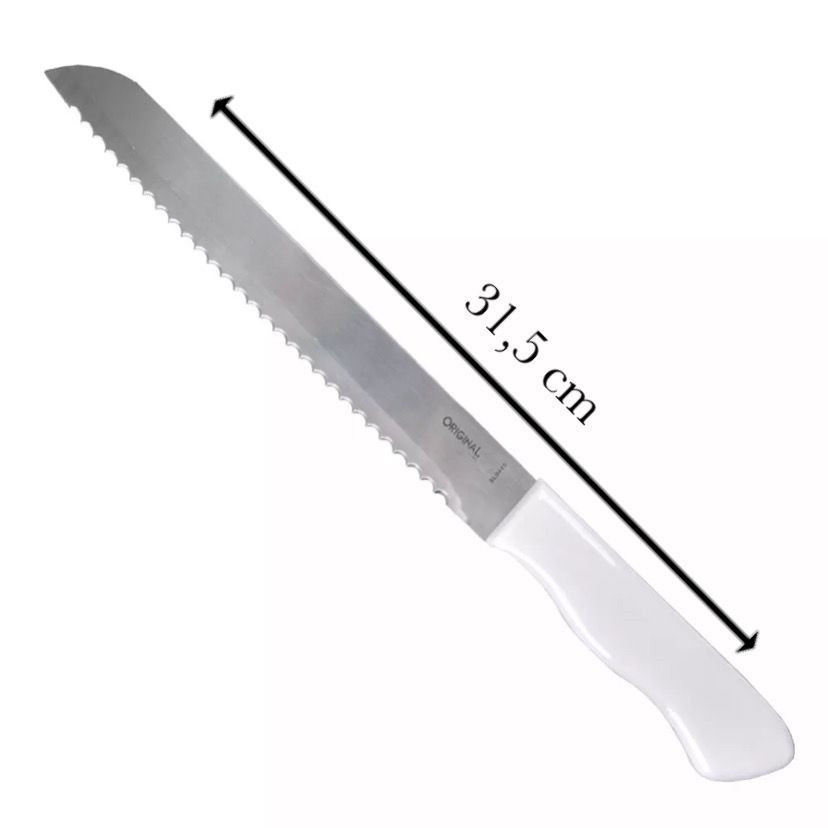 Faca de Pão Bolo Torta Lâmina Aço Inox 8 Polgadas 32,5cm Cabo Plástico Branco Cozinha Serra Serrilha
