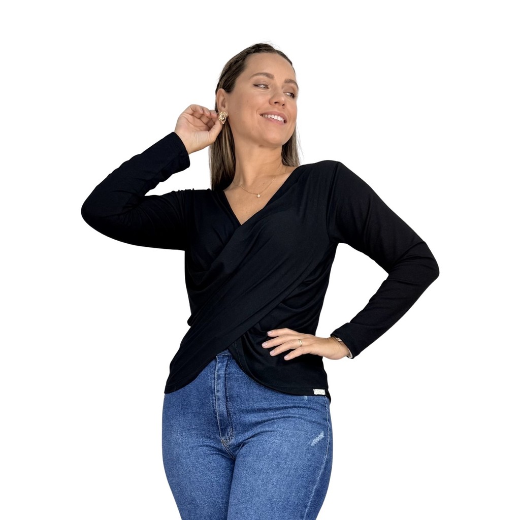 Blusa Transpassada Amamentação Viscolycra Premium Estilosa Manga Longa Elegante Maternidade