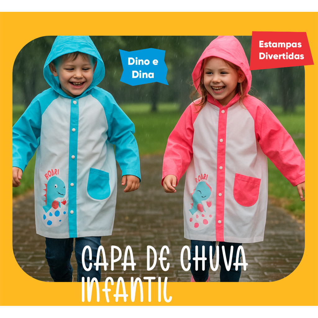 Capa De Chuva Infantil Impermeável PP P M Dino Dina