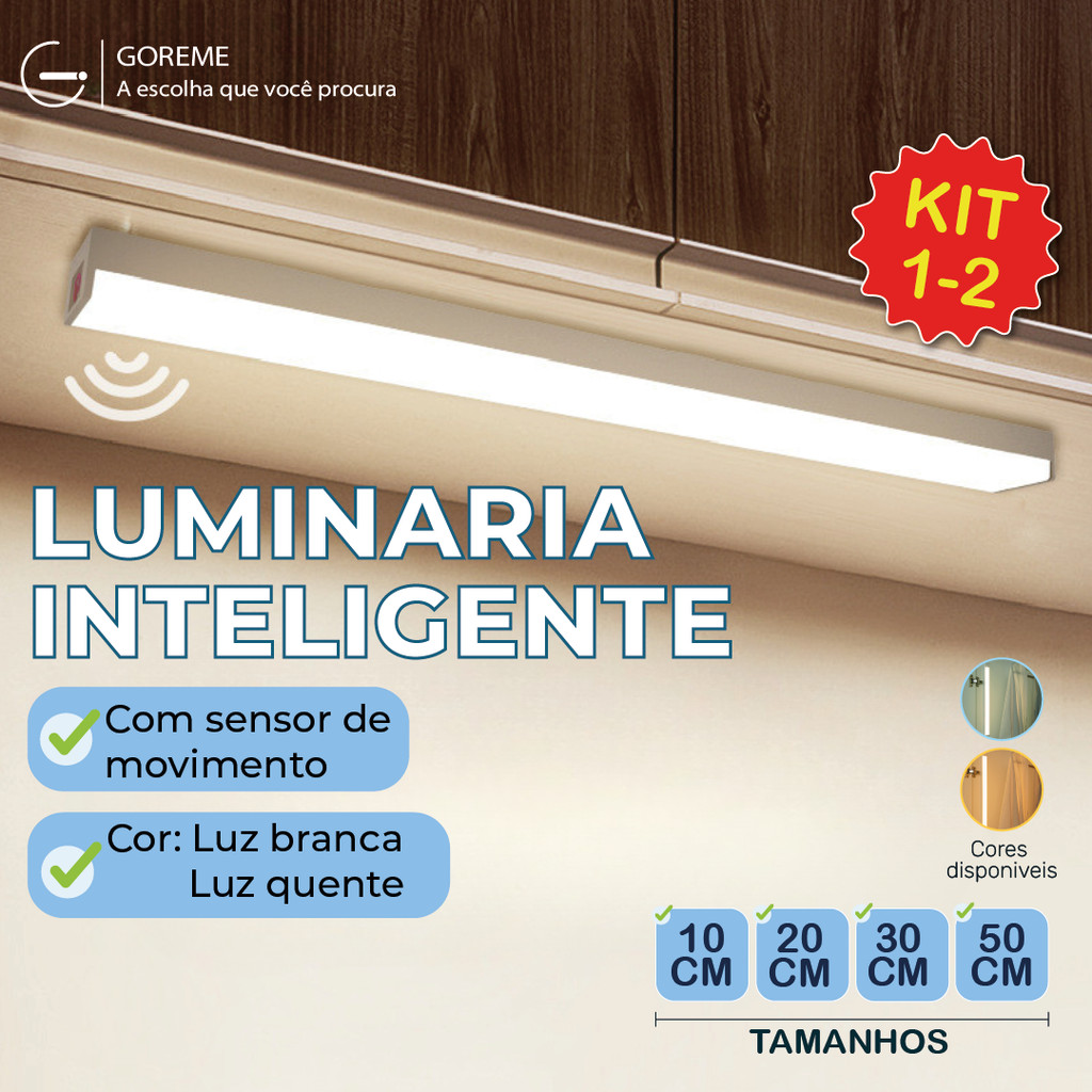 Smart Luminária Inteligente Ultra LED com sensor de movimento sem fio e Recarregável USB fino barra 10/20/30/50cm
