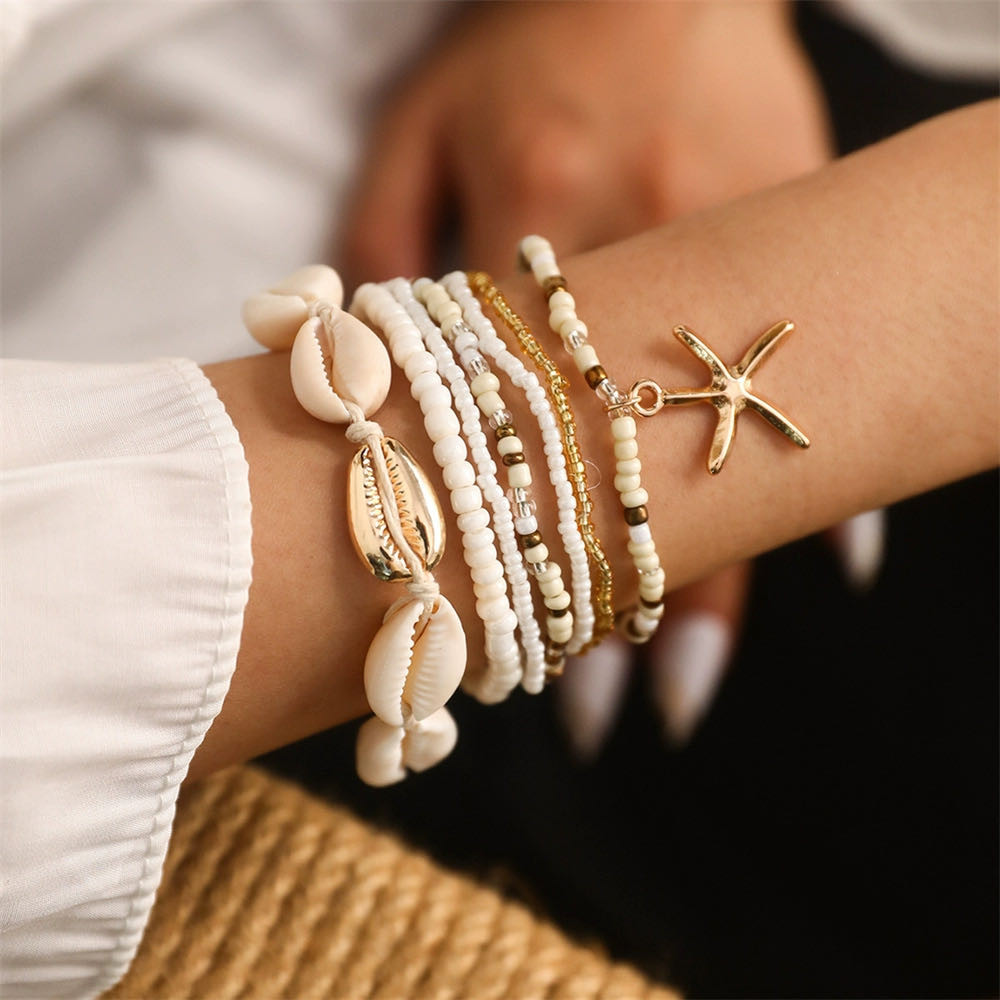 Conjunto de Pulseiras de Conchas e Estrela do Mar Boho Praia - Moda Verão Multicamadas