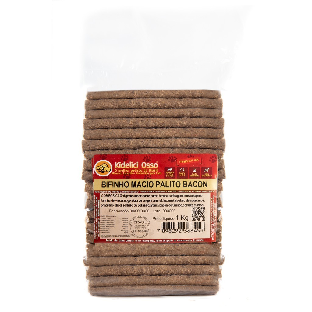 Bifinho Macio Palito - Kidelici Osso - Sabor Bacon - 1 Kg