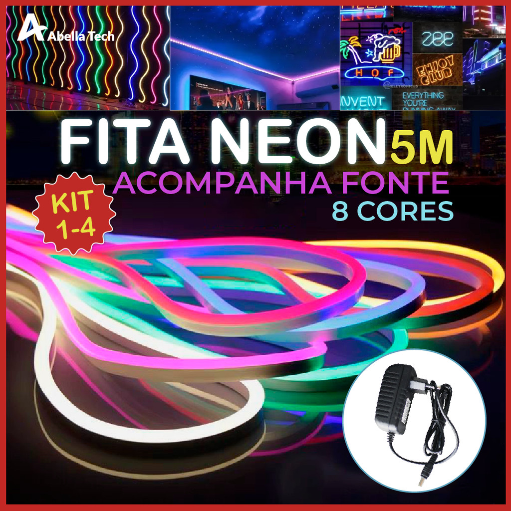 Fita de LED Mangueira Neon 5 Metros 60W Flexível Com Fonte 12V | 8 Cores
