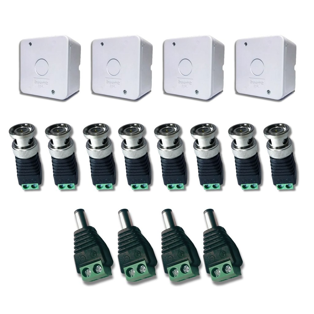 KIT 4 Caixas Sobrepor Stilus Simples Branca com 8 Conectores BNC & 4 Conectores P4 Macho CFTV