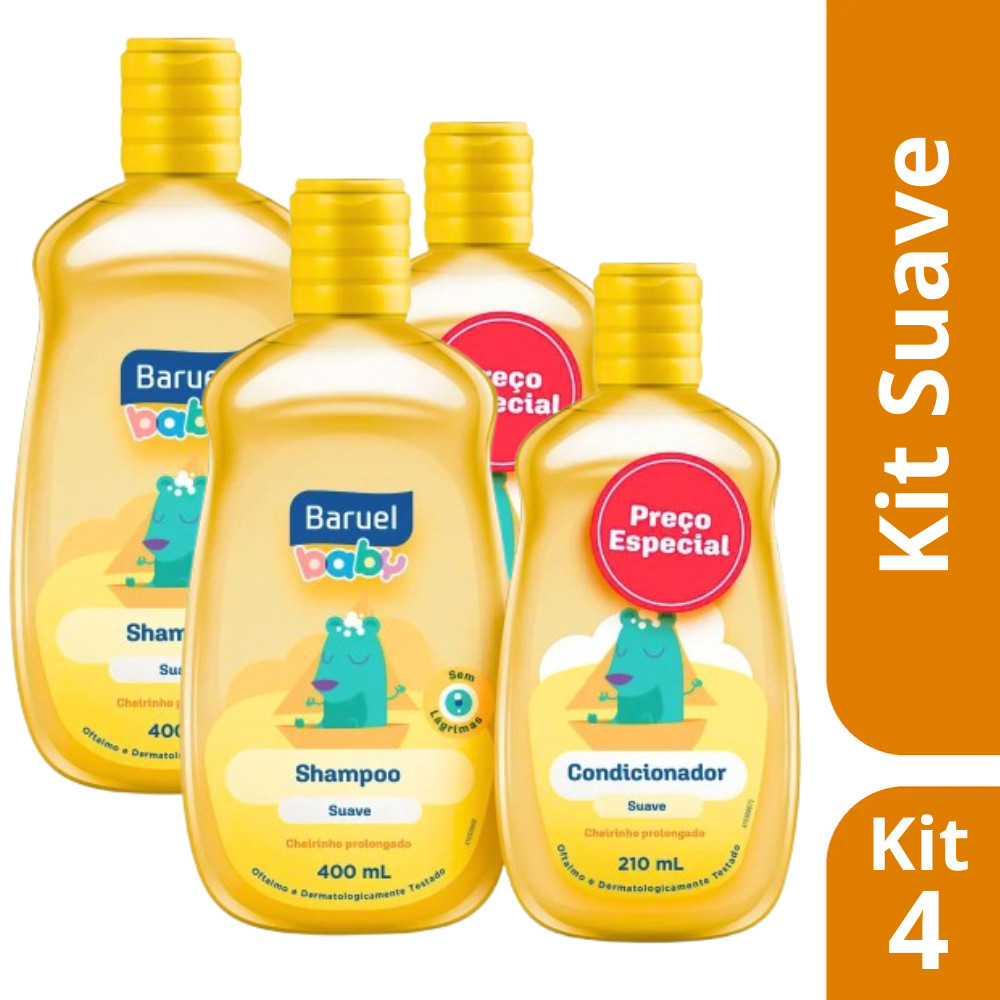 Kit 2 Shampoo Suave 400ml + 2 Cond. 200ml - Baruel Baby
