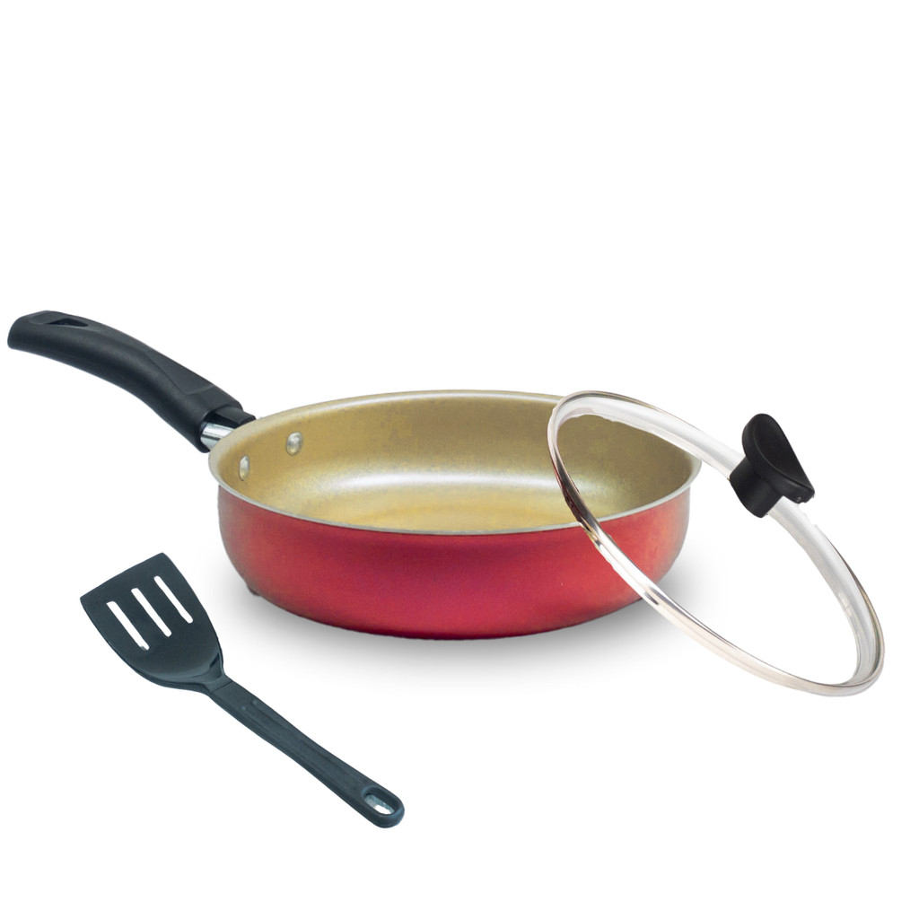 Frigideira Alta Funda 18 cm Teflon Antiaderente com Tampa de Vidro e Espátula