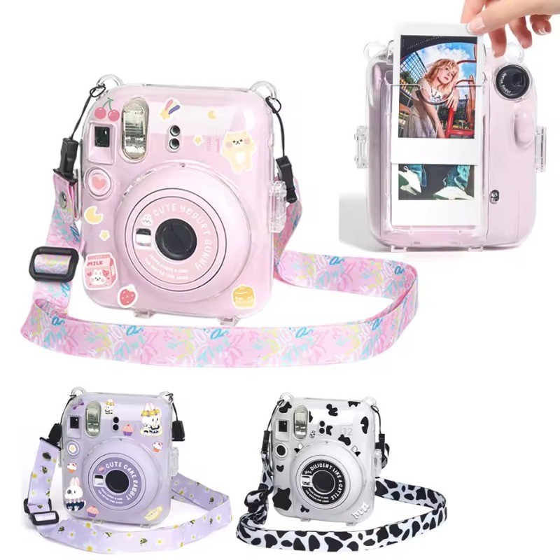 Capa Protetora Para Fujifilm Instax Mini 12 Filme Instantâneo Câmera Cristal Dura Com Alça De Ombro Arco-Íris Removível