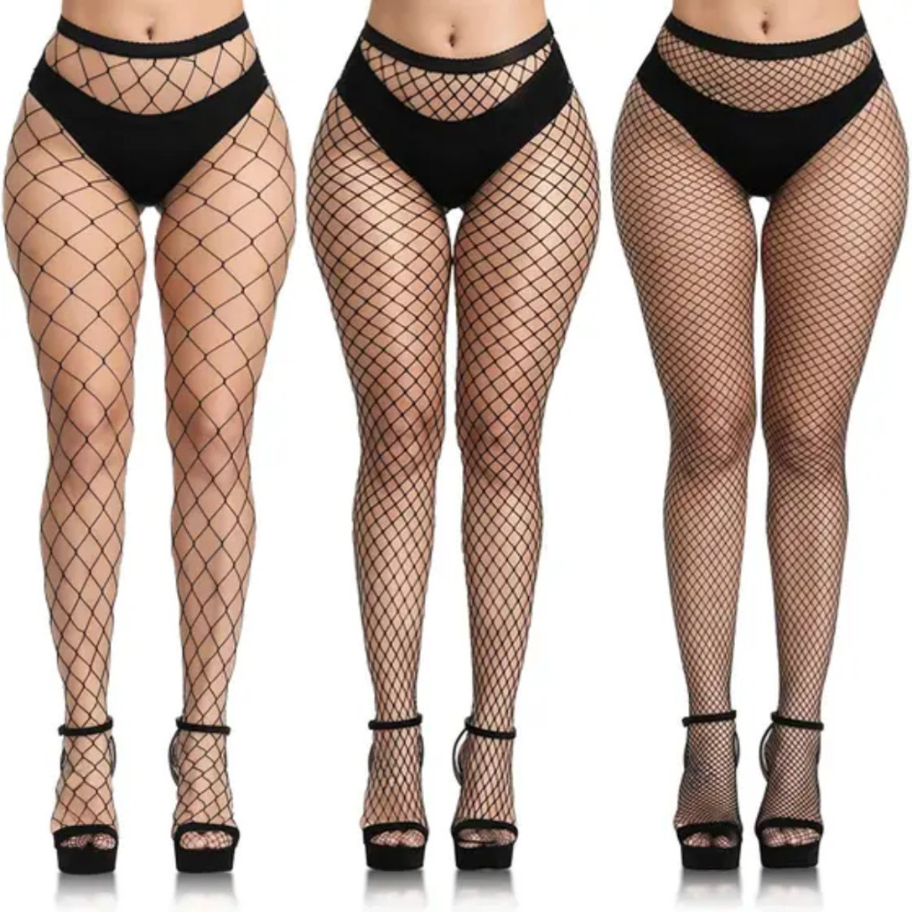 Kit 3 Meia Calça Arrastão Elástica Trama Grande Médio e Mini Cor Preta Cós Alto Adulto Gótica