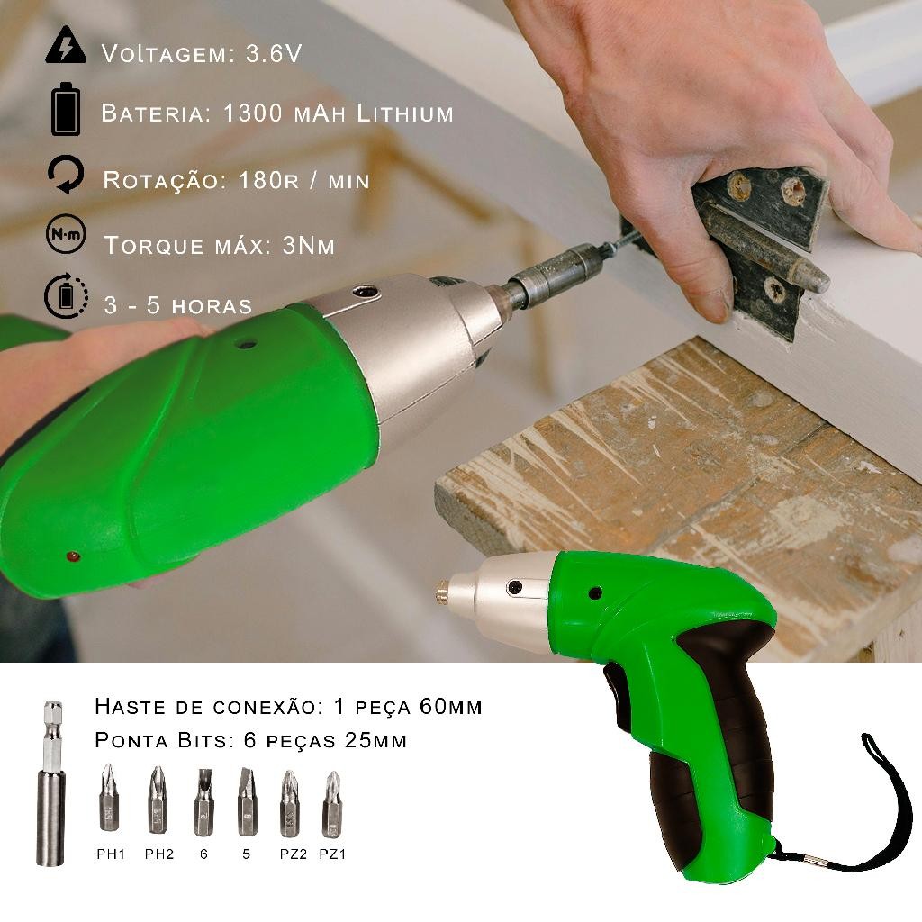 Parafusadeira a Bateria Sem Fio 4.8 volts Bits e Prolongador Carregador USB