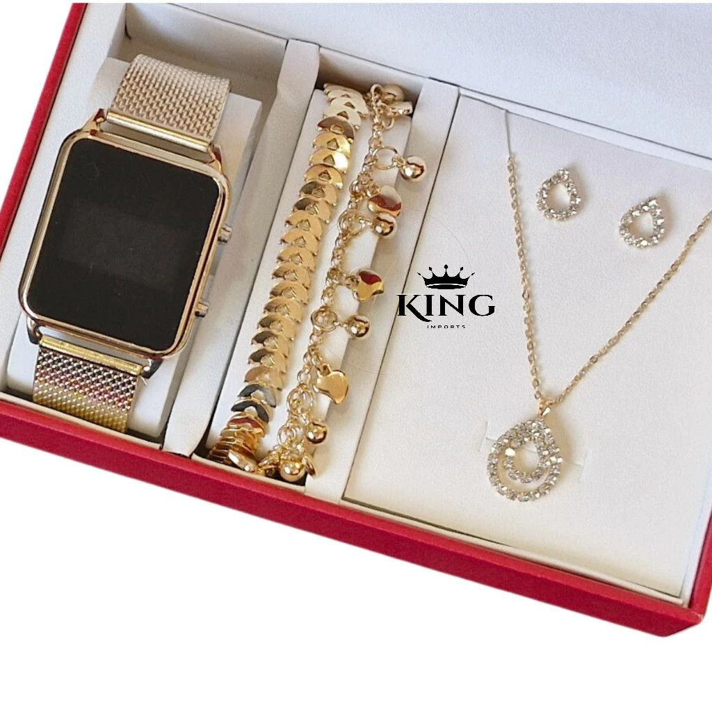 Relógio Feminino Digital de Led + Colar Brincos Folheado Ouro + Pulseira Feminina com Caixa - Presente dia dos namorados
