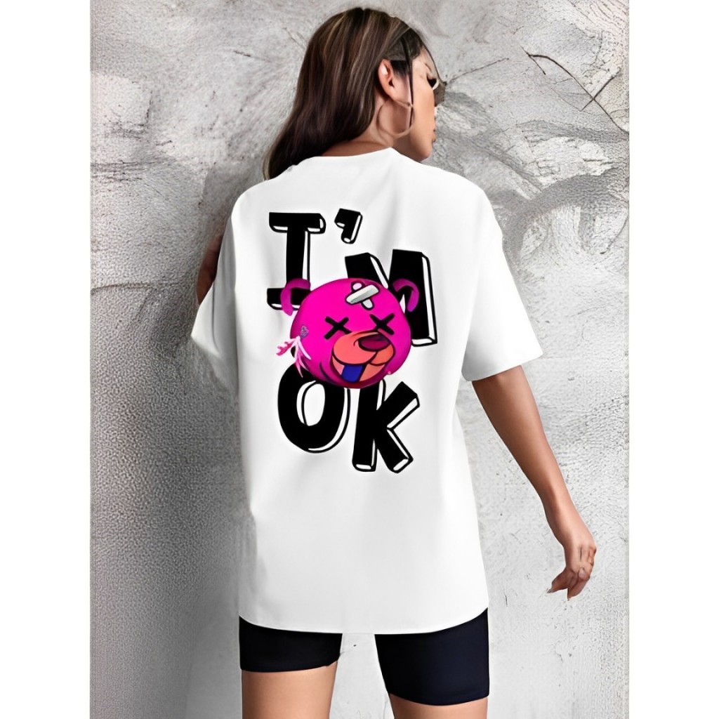 Camisão Feminino T-Shirt Branco Estampado Ocasional Com Denhenhos Diferentes