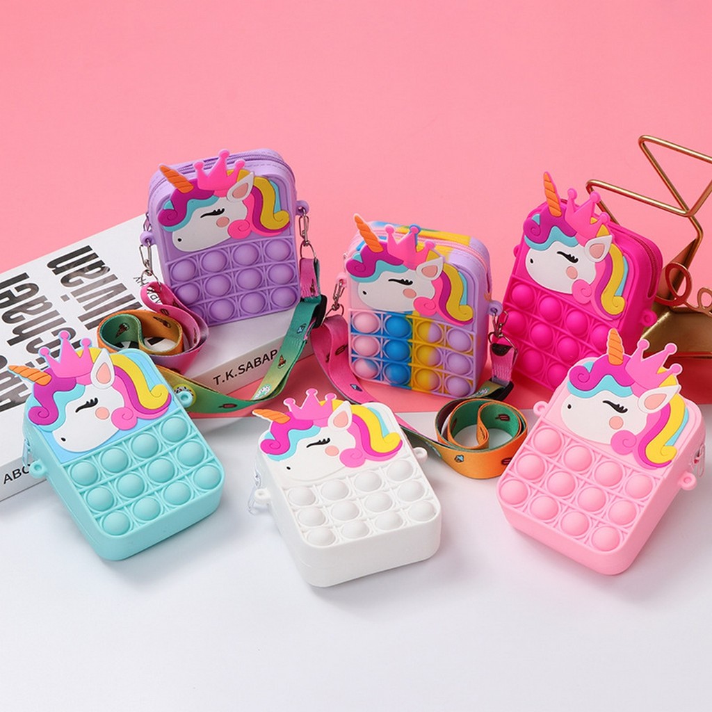 Mini Bolsa Pop It Transversal Unicórnio Com Alça Com Regulagem Bolsa Unicórnio de Silicone