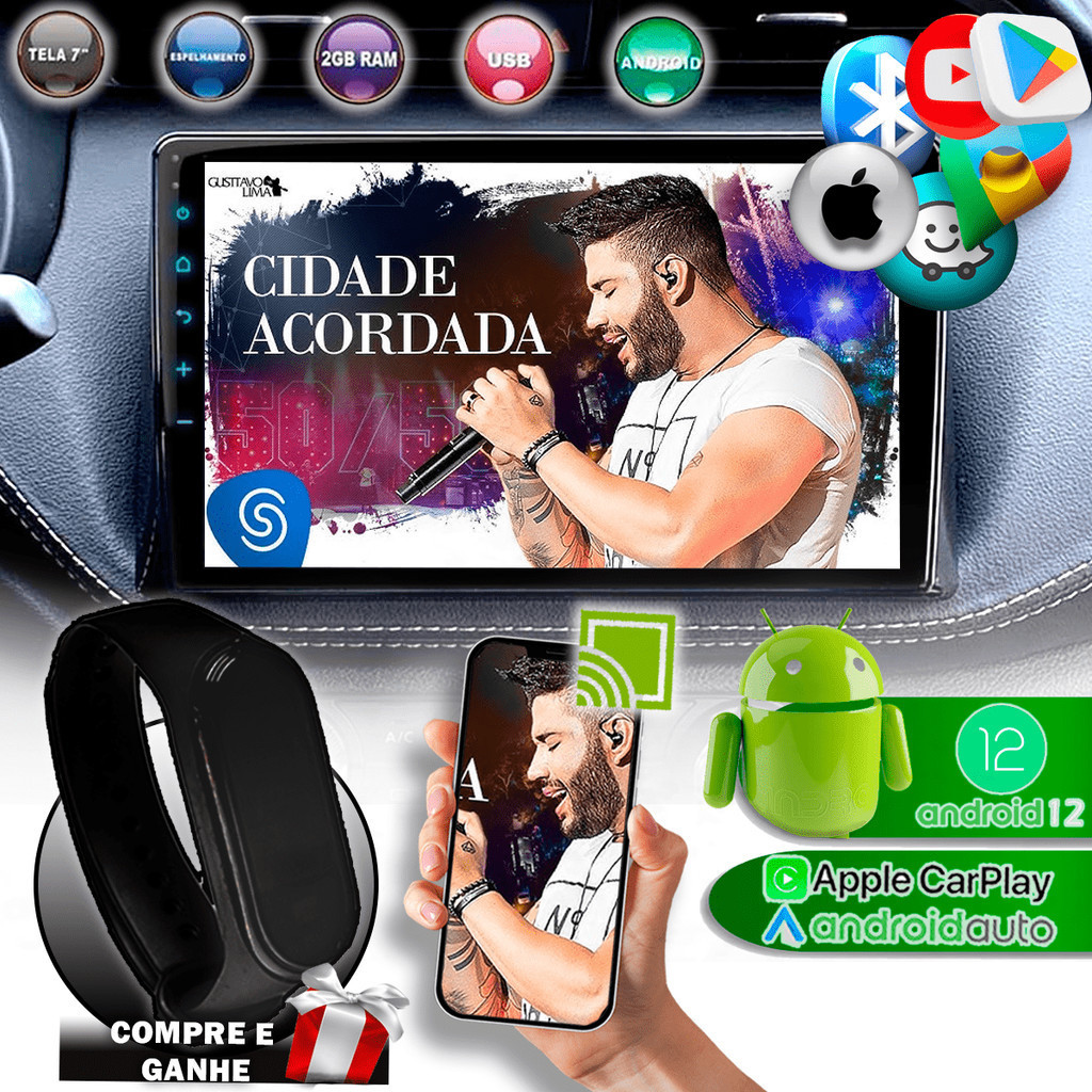 Multimidia Universal 2 DIN MP5 Espelhamento 7 Polegadas 2gb 32gb Carplay Android Auto Android 12