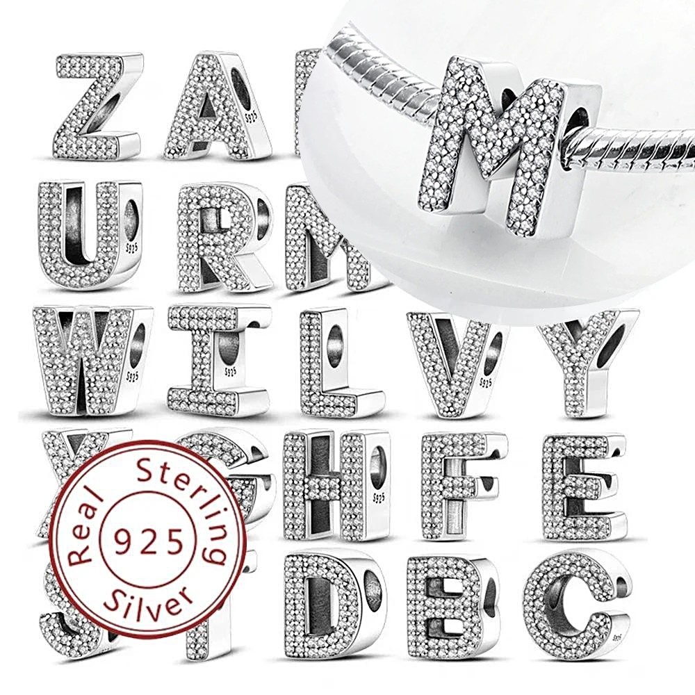 925 prata 26 letras Original diamante pingente contas para letras zircão pingente contas para pulseira jóias DIY