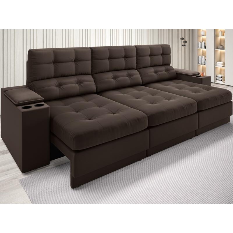 Sofá com Porta Copos e Carregador USB Eureka 2,30m  Assento Retrátil e Reclinável Velosuede Chocolate - NETSOFAS