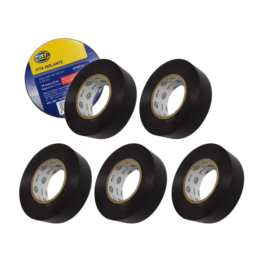 Kit 5 Fita Isolante 19mm 5m Resistente Fogo Umidade Hella 