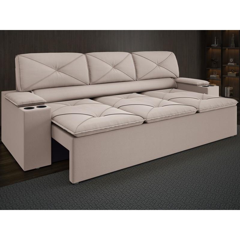 Sofá com Porta Copos Retrátil e Reclinável Pop 2,05m Velosuede Bege - NETSOFAS