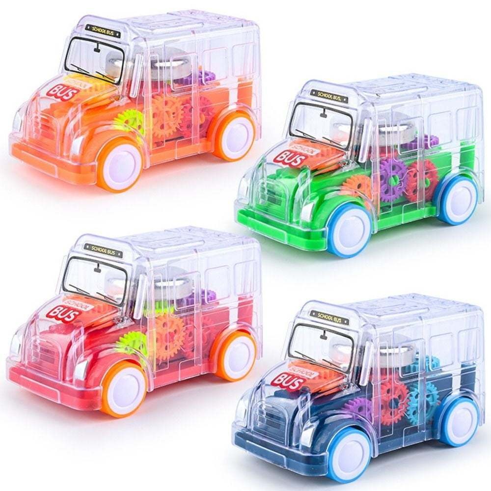 Carrinho Ônibus Escolar Transparente com Engrenagens- Com Luz e Som- Movimentação por Inércia (Fricção)- Brinquedo