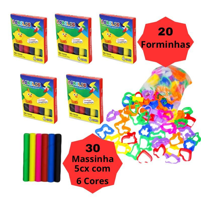 Kit 30 Unidades de Massinha + 20 moldes Forminhas Sortidas Para Modelar Infantil Escolar (5 caixas 65gr)