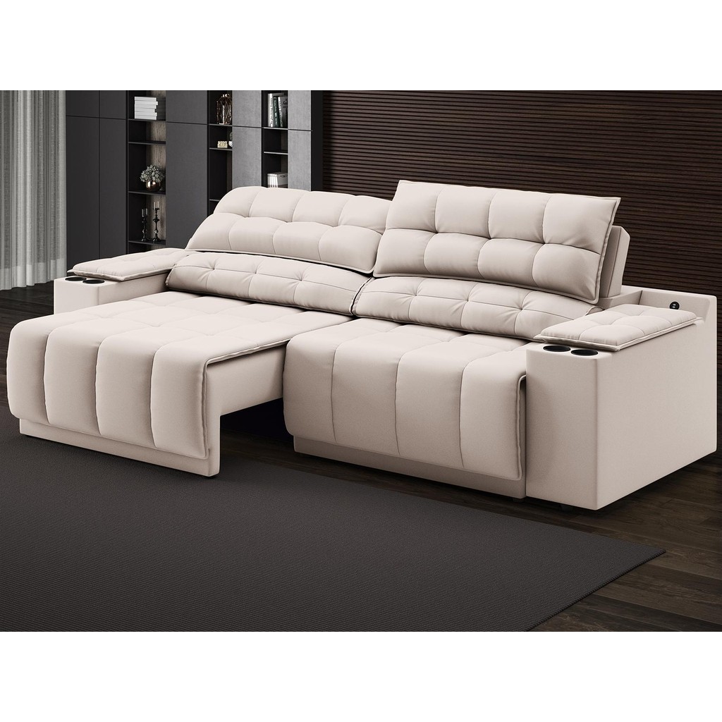 Sofá com Porta Copos Carregador USB Ret Rec Samurai 2,30m Velosuede Areia - NETSOFAS