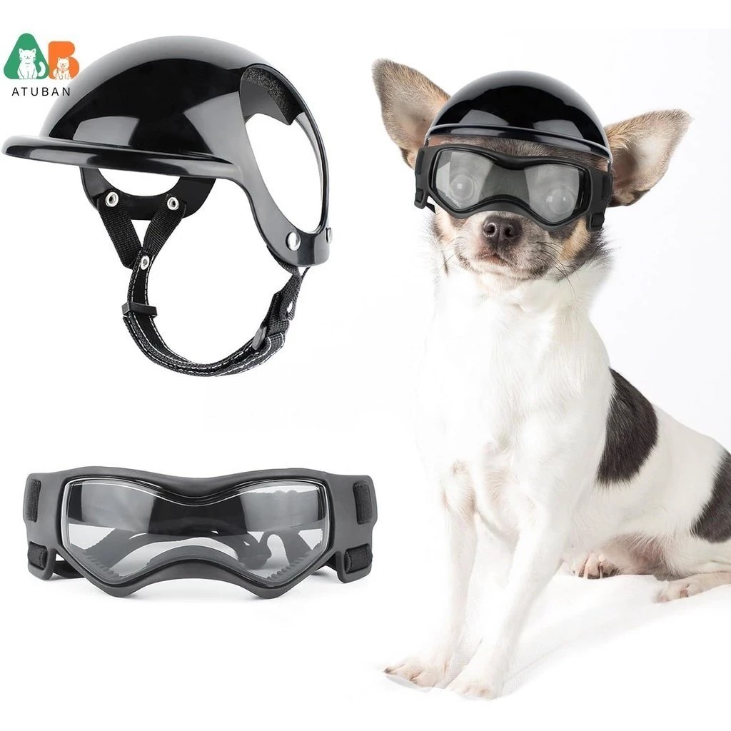 Capacete e óculos para cães, pequeno chapéu de motocicleta com alças ajustáveis ​​para passear com o cachorro