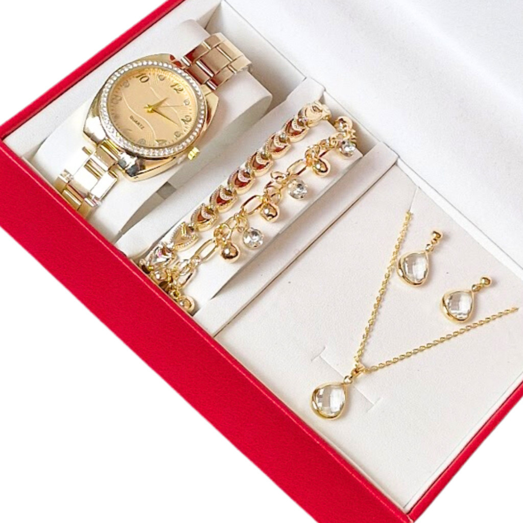 Relógio Feminino Dourado + Colar Brincos Folheado Ouro + Pulseira Feminina com Caixa - Presente dia das Mães