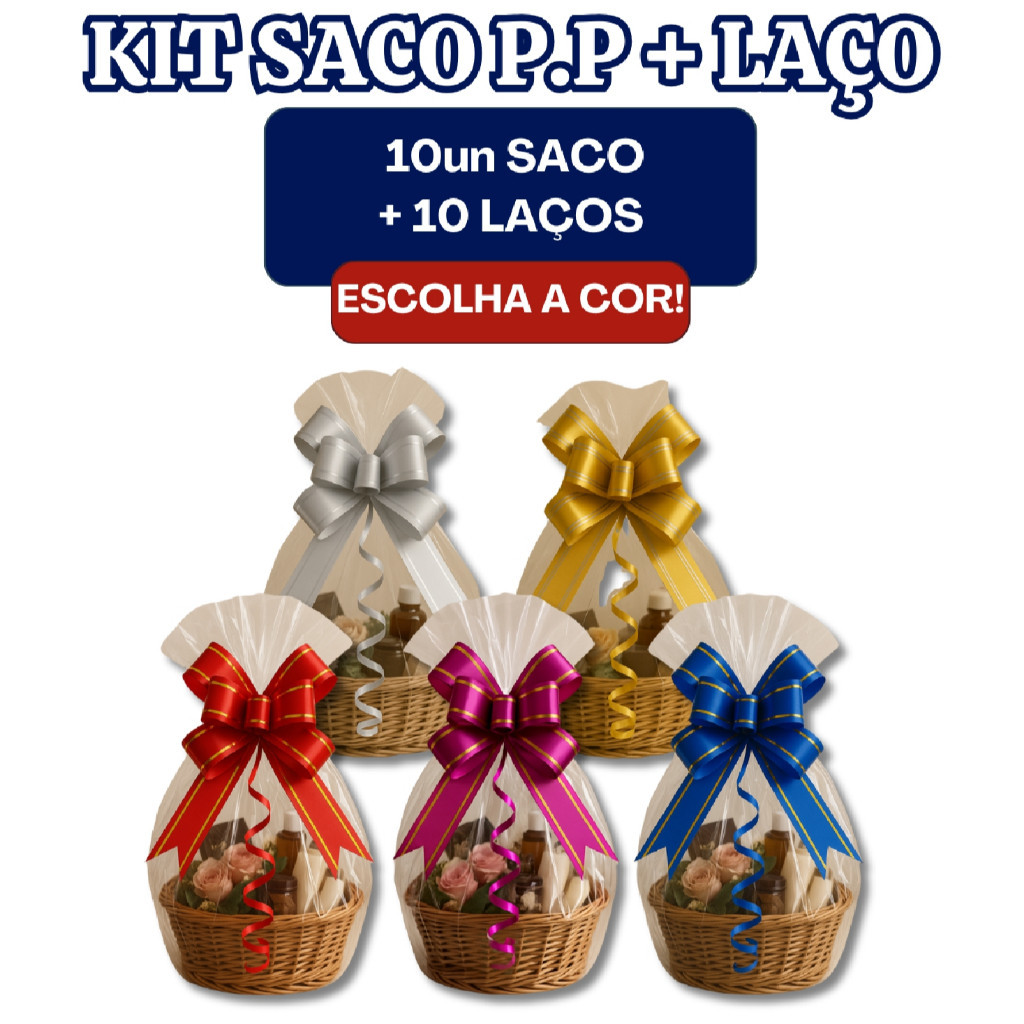 kit 10 Sacos Para Cesta De Presentes + 10 Laços Café da manhã Natal Vários Tamanhos Tipo Celofane