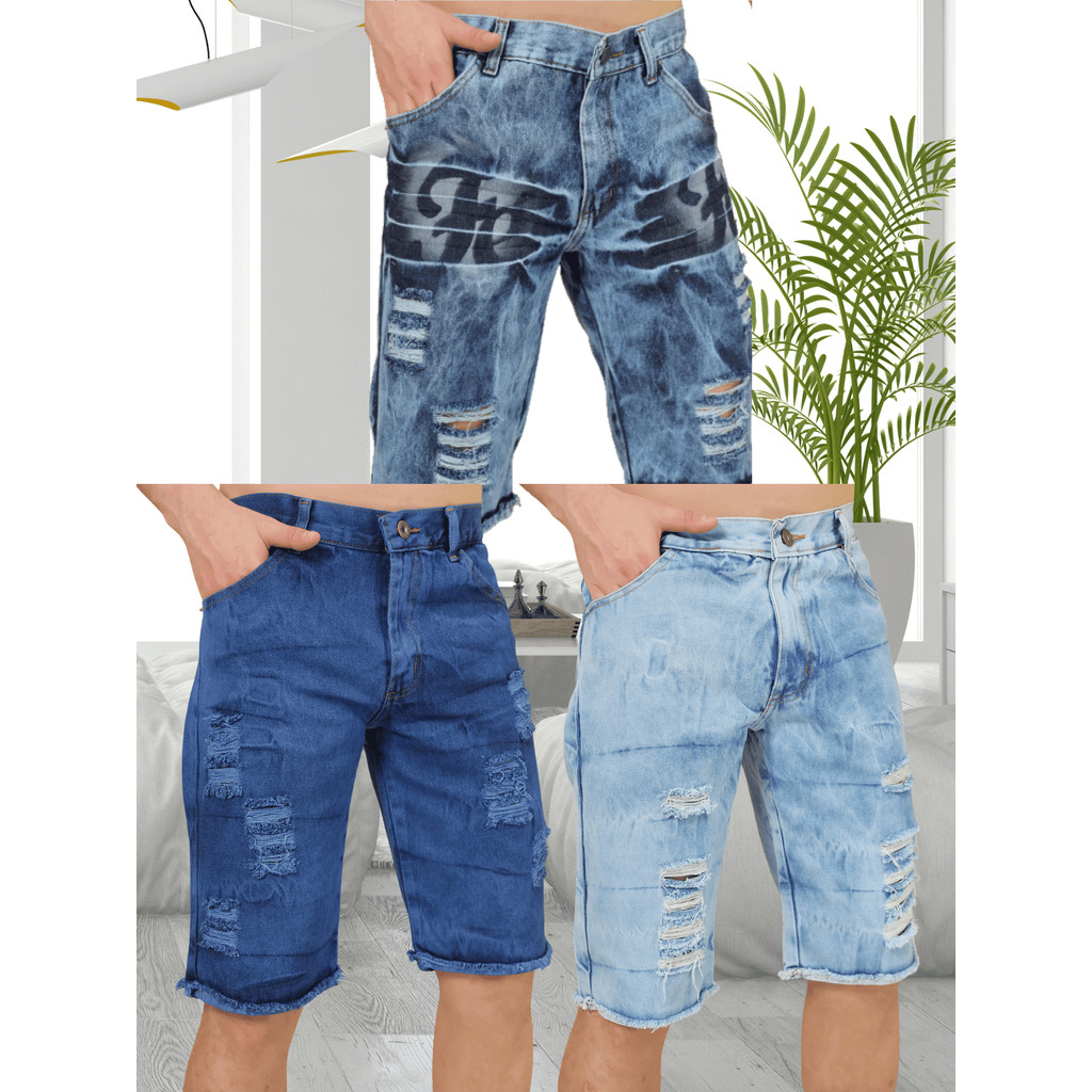Kit 3 Bermuda Jeans Tradicional Masculino Rasgada Casual