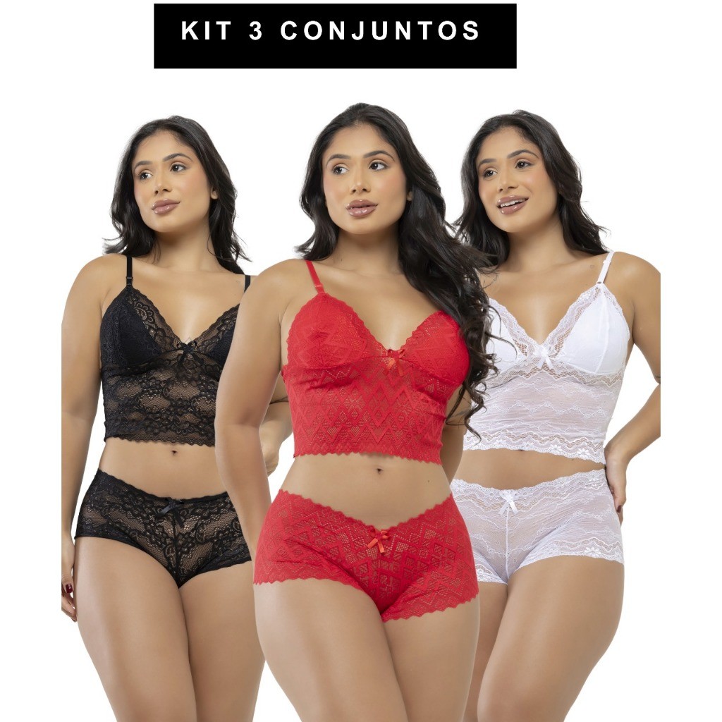 kit 3 conjuntos lingerie feminino de renda sext caleçon e sutiã sem bojo conjunto espera marido Zfit
