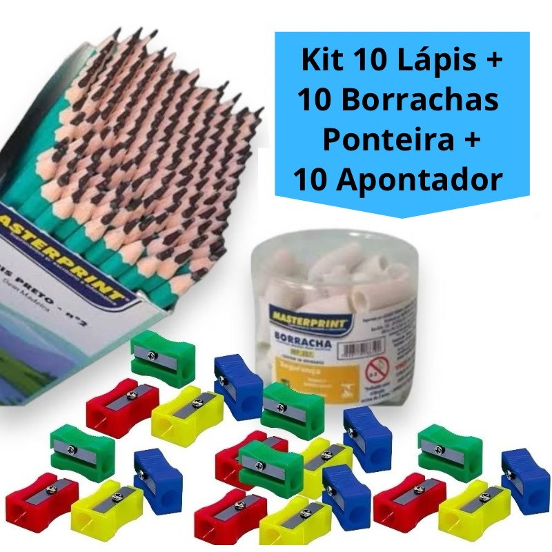 Kit 10 lápis de Escrever Nº2 Preto + 10 Borracha Ponteira Branca + 10 Apontador simples Escolar Escola Estudo