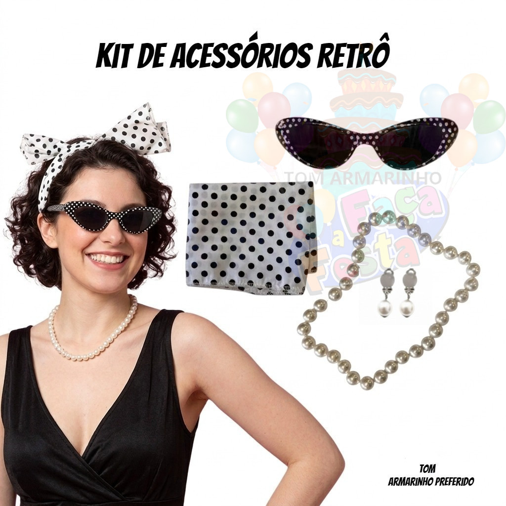 Kit Retrô  Anos 50 Feminina Poá – Óculos Gatinho, Colar, Brincos e Bandana Vintage Completo