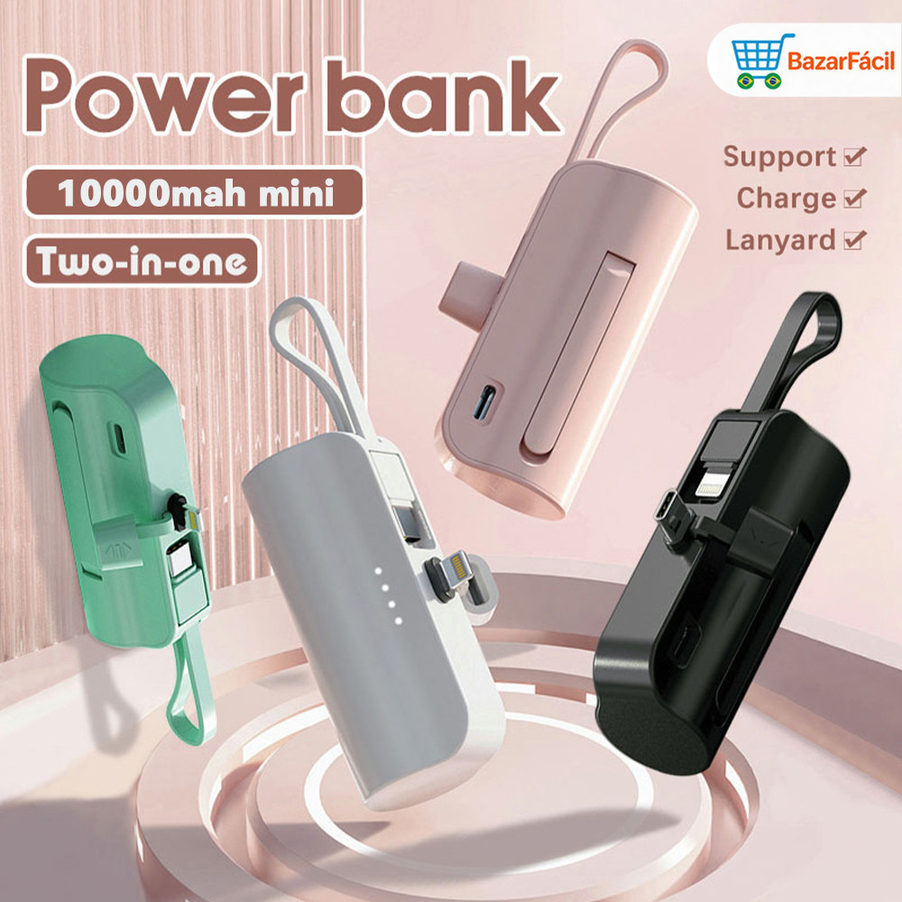 Power Bank Mini 10000mAh para Viagens: Recarga Sem Fio e Cabo (iPhone e Tipo-C) 2em1