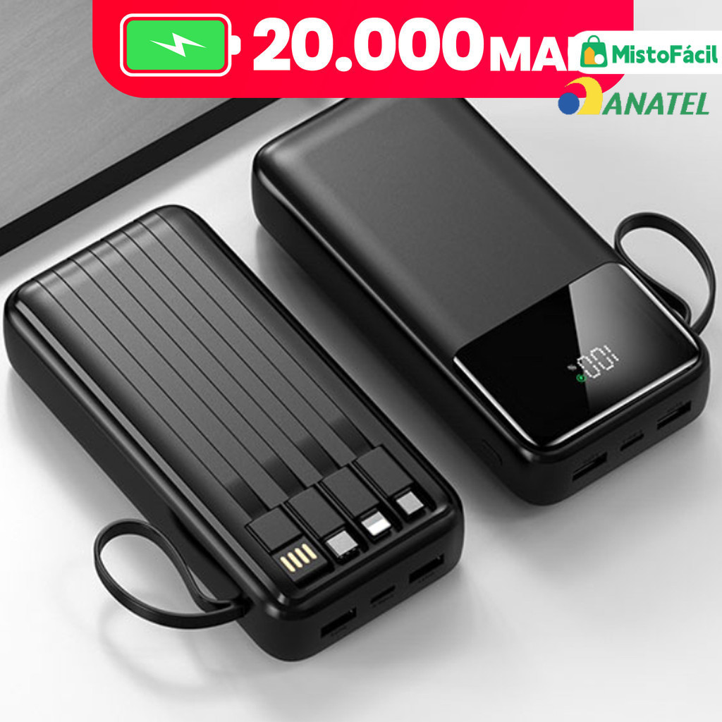 Com 4 portas USB, Carregador Portátil, Power Bank de Carregamento Ultra Rápido de 20000 mAH e Visor Digital