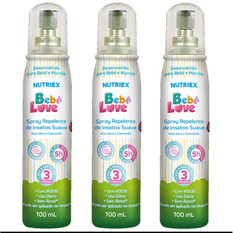 Kit 3 Repelente De Insetos Infantil de Até 5Hrs de Proteção Spray 100ML Bebe Love - Nutriex