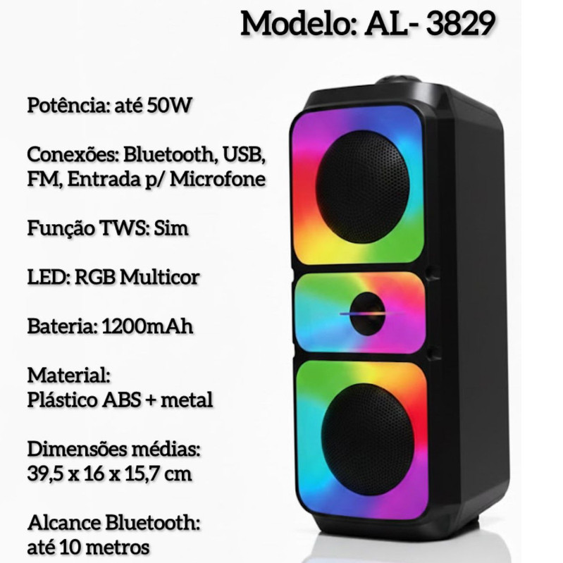 Caixa de Som Sem Fio Bluetooth com LED Colorido | Áudio Reforçado, USB e Entrada Mic