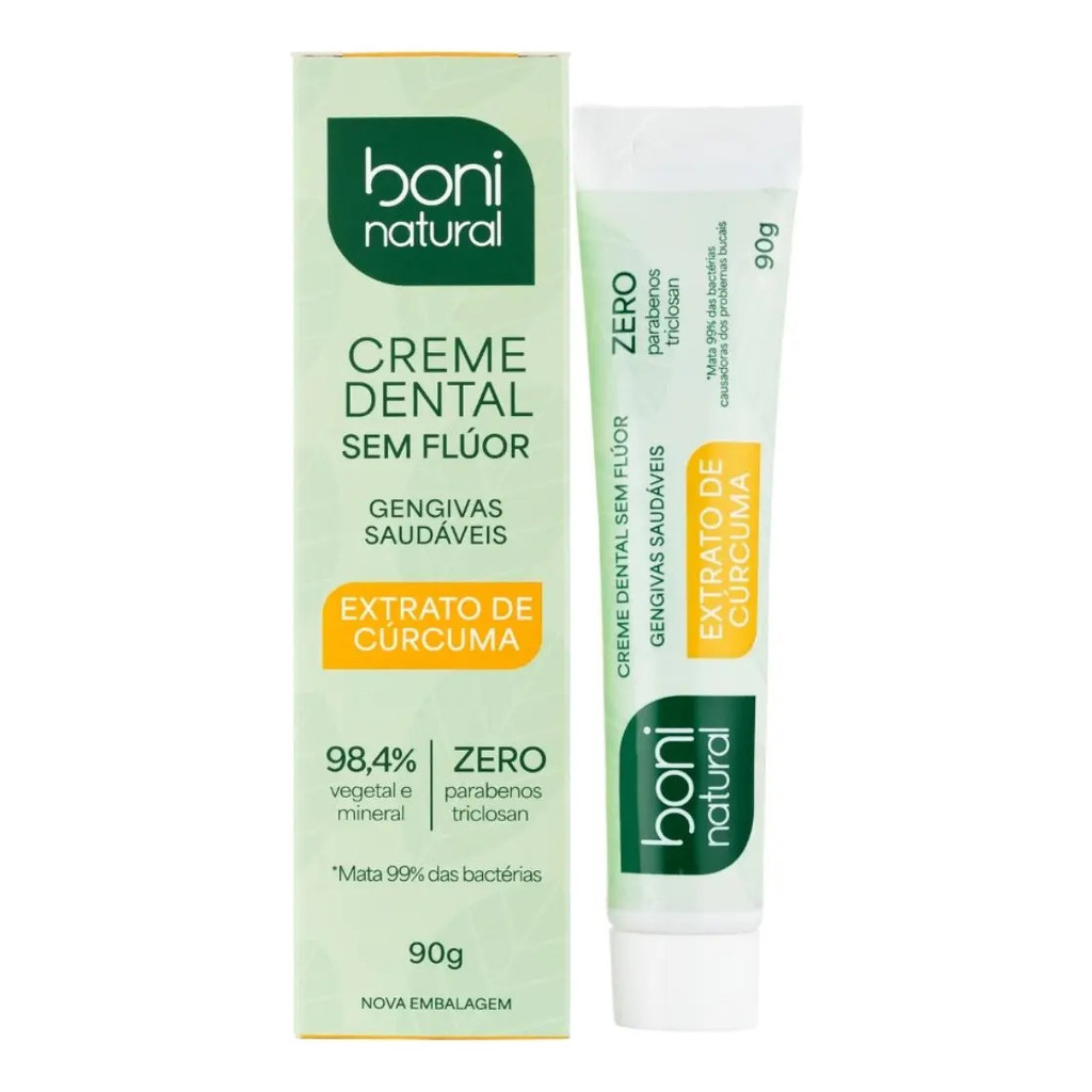 Creme Dental Sem Fluor Cúrcuma Melaleuca e Carvão 90g Vegano Boni Natural