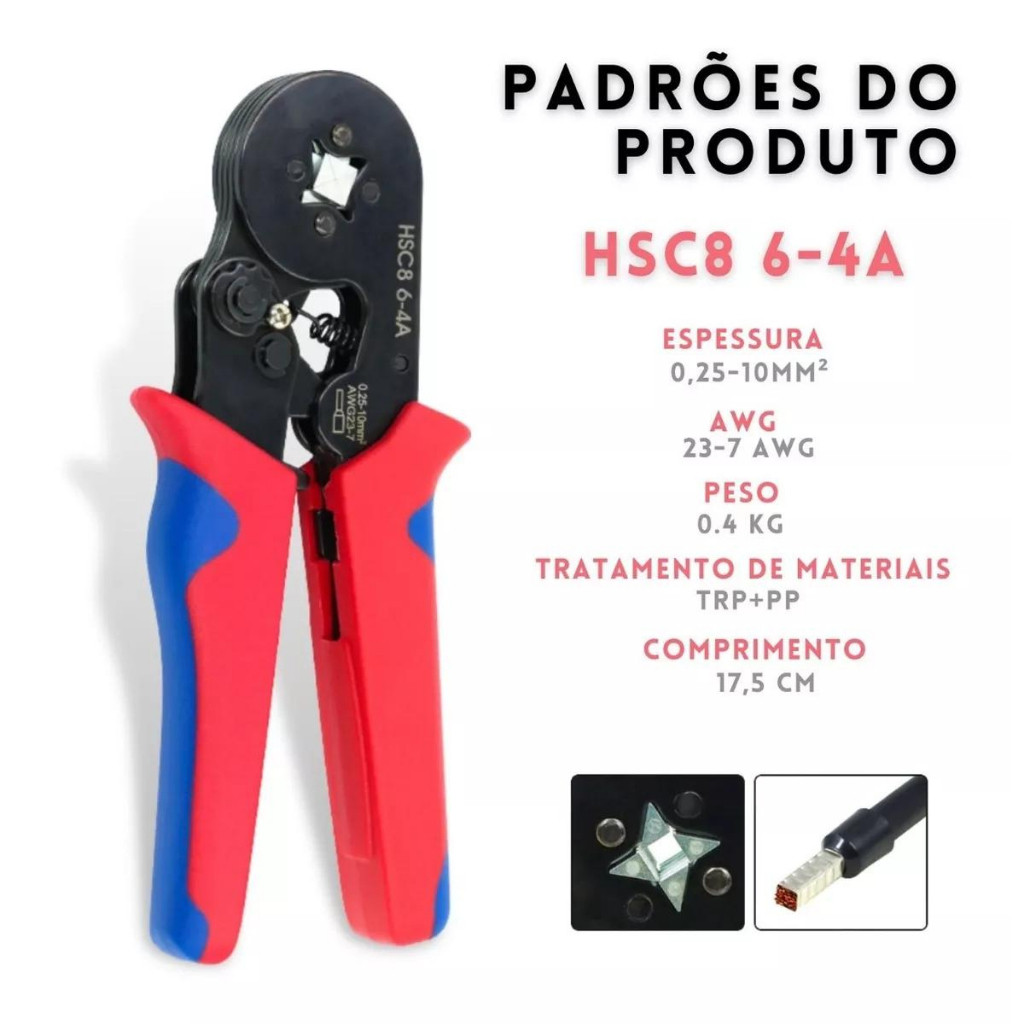 Alicate Crimpar Prensa Com Catraca Ajustável Trava de Segurança Terminal Ilhos Tubular 0,25 A 10mm² 6-4A abbot store