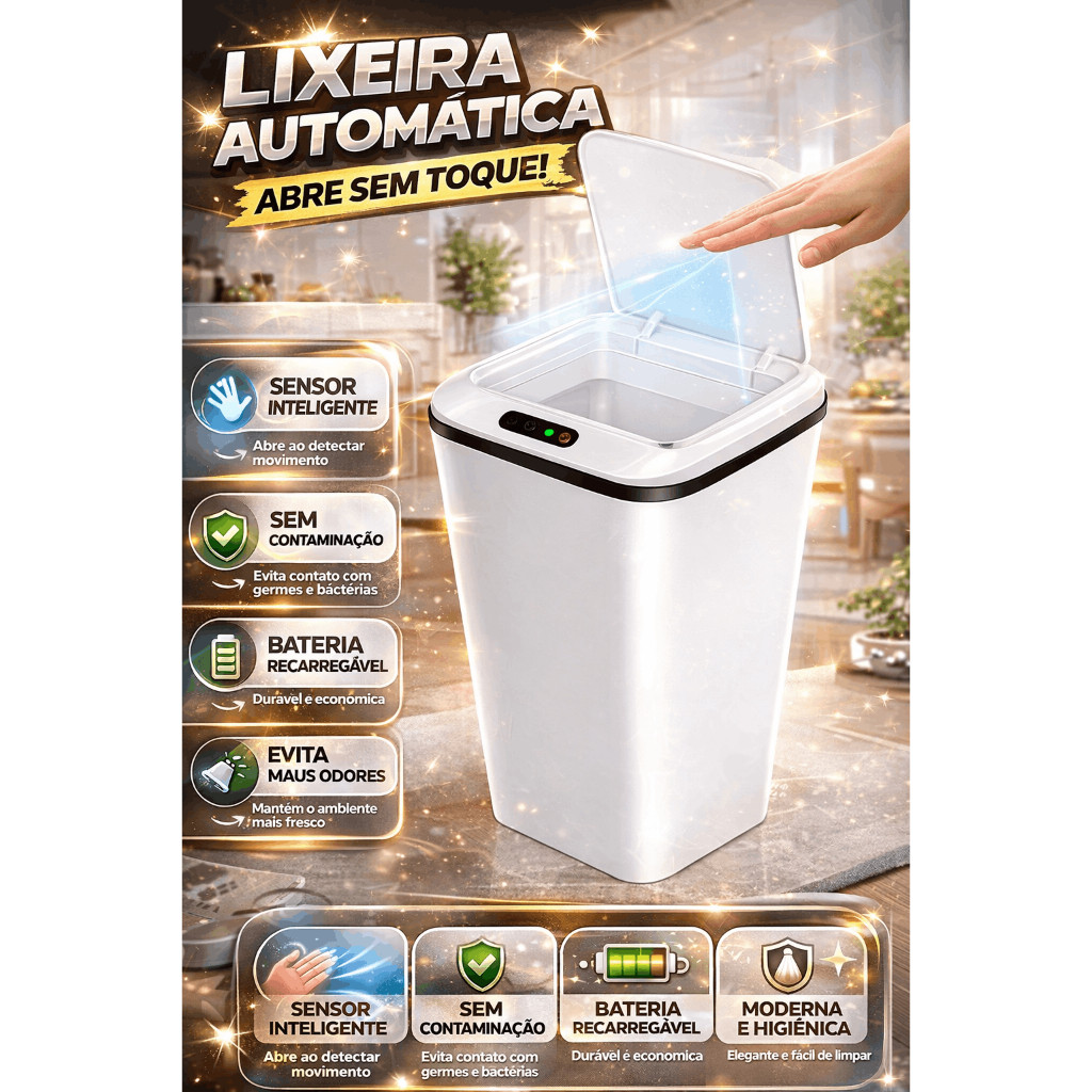 Lixeira Automática Inteligente Sensor Elétrica Recarregável Moderna Anti Odor Cozinha Banheiro