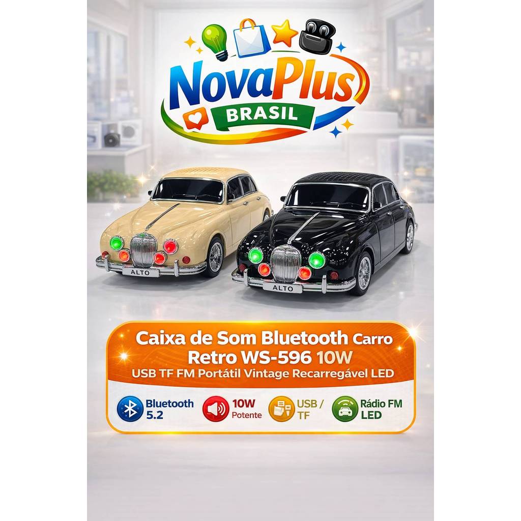 Caixa de Som Bluetooth 5.2 Carro Retro WS-596 10W Portátil USB TF FM Rádio Vintage LED