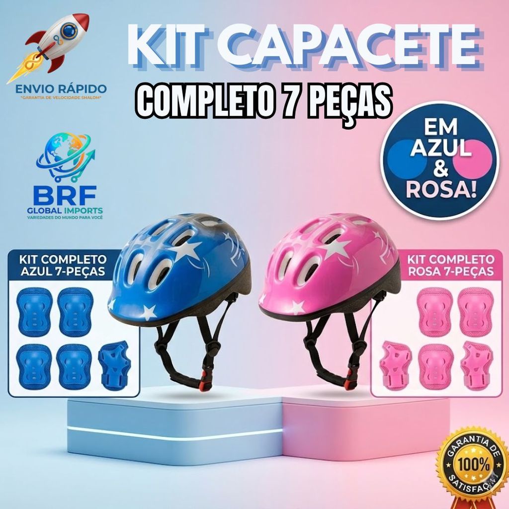Kit de Capacete de Proteção Infantil 7 Peças – Capacete Joelheiras Luva e Cotoveleiras Azul e Rosa