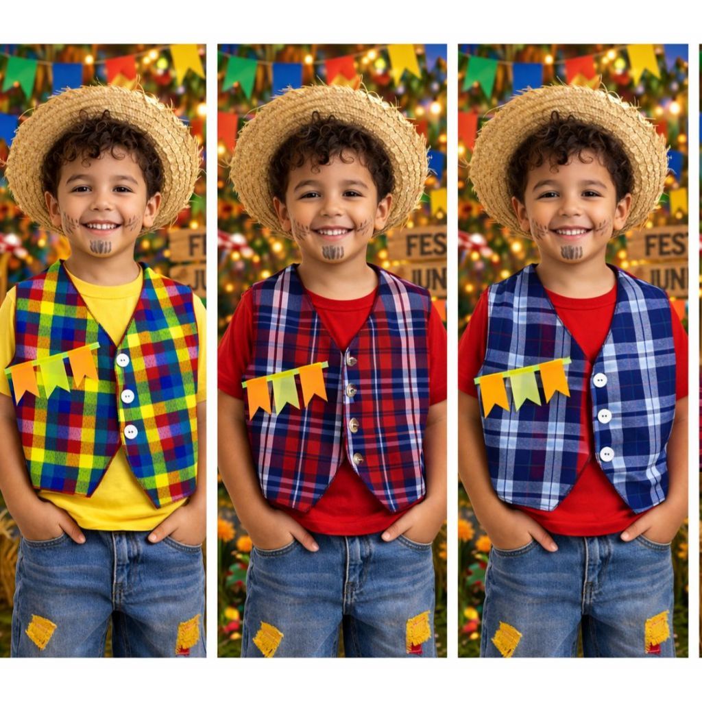 Colete Junino Xadrez Arraial Festa Junina Caipira Menino Bebê Infantil Multicolorido 1/8
