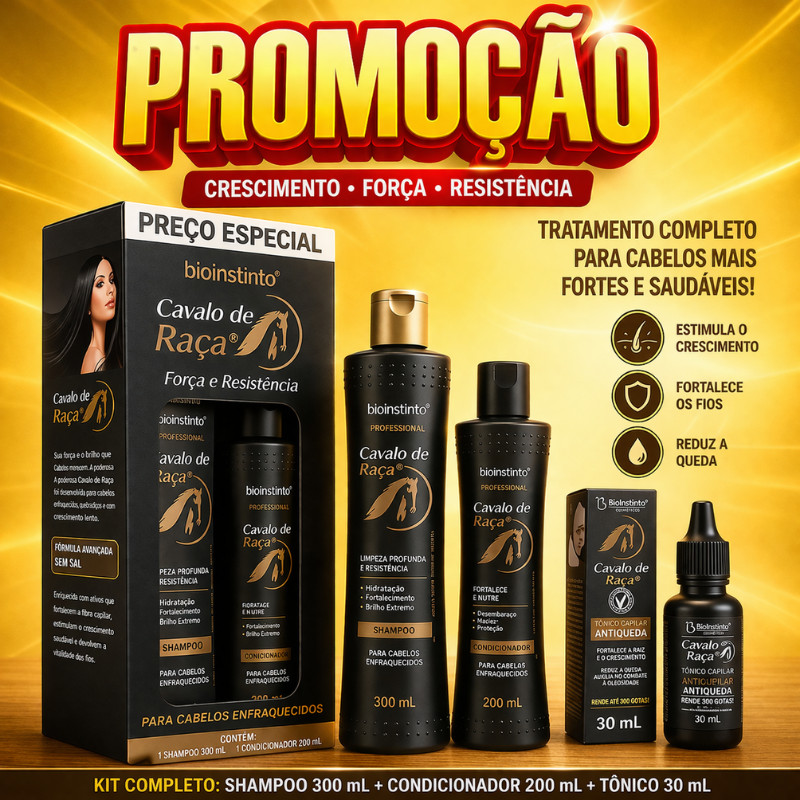 Kit 3 shampoo e condicionador Tônico de crescimento capilar Todos os tipos de cabelos Cavalo de Raça 3 itens