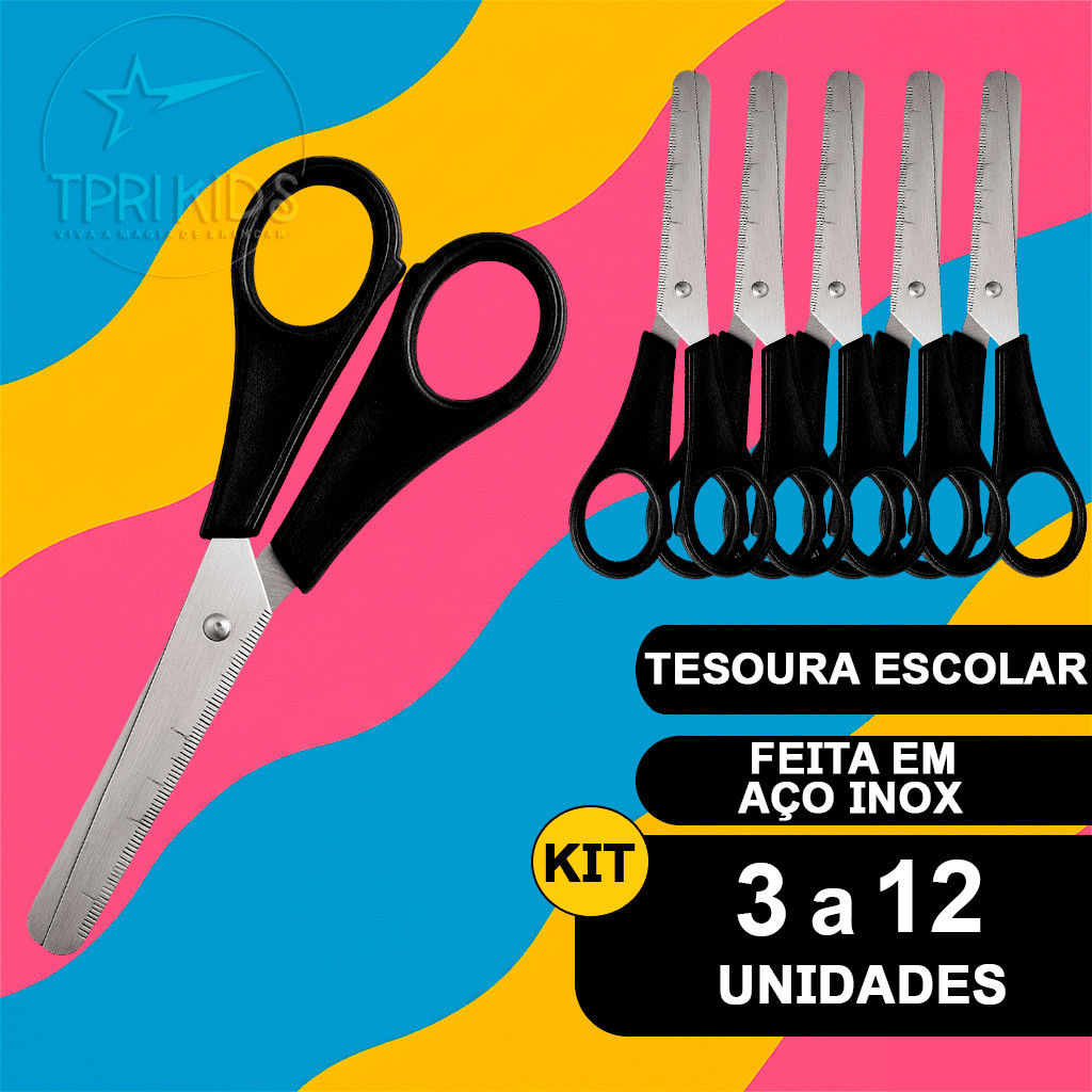 Kit 3 a 12 Tesoura Escolar Preta de Aço Inox 13 cm Sem Ponta Confortável Precisa Não Enferruja