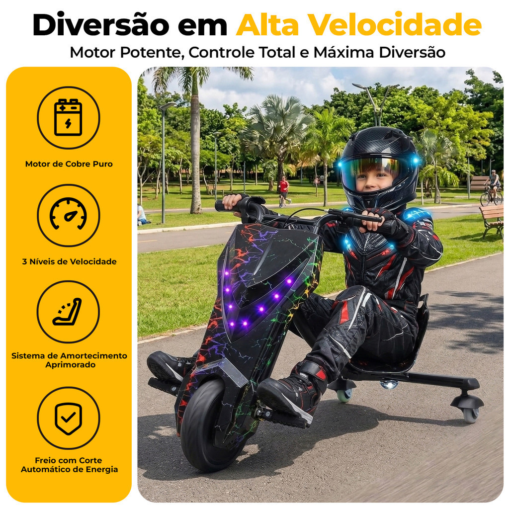 Triciclo Elétrico Infantil Drift LED 350W Bluetooth 3 Velocidades com Amortecedor Seguro Proteção Patinete Mol