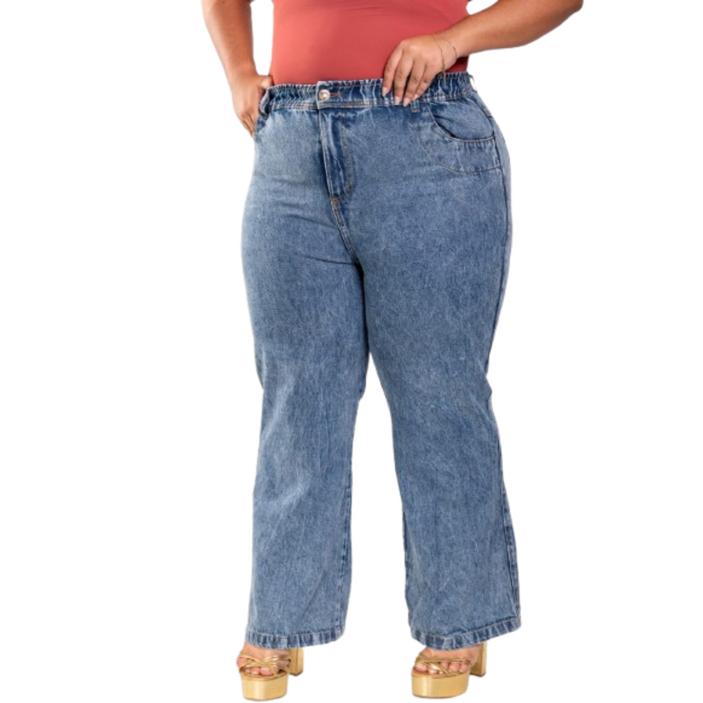 Calça Jeans Feminina com Elástico na Cintura Wide leg Plus Size 48-64