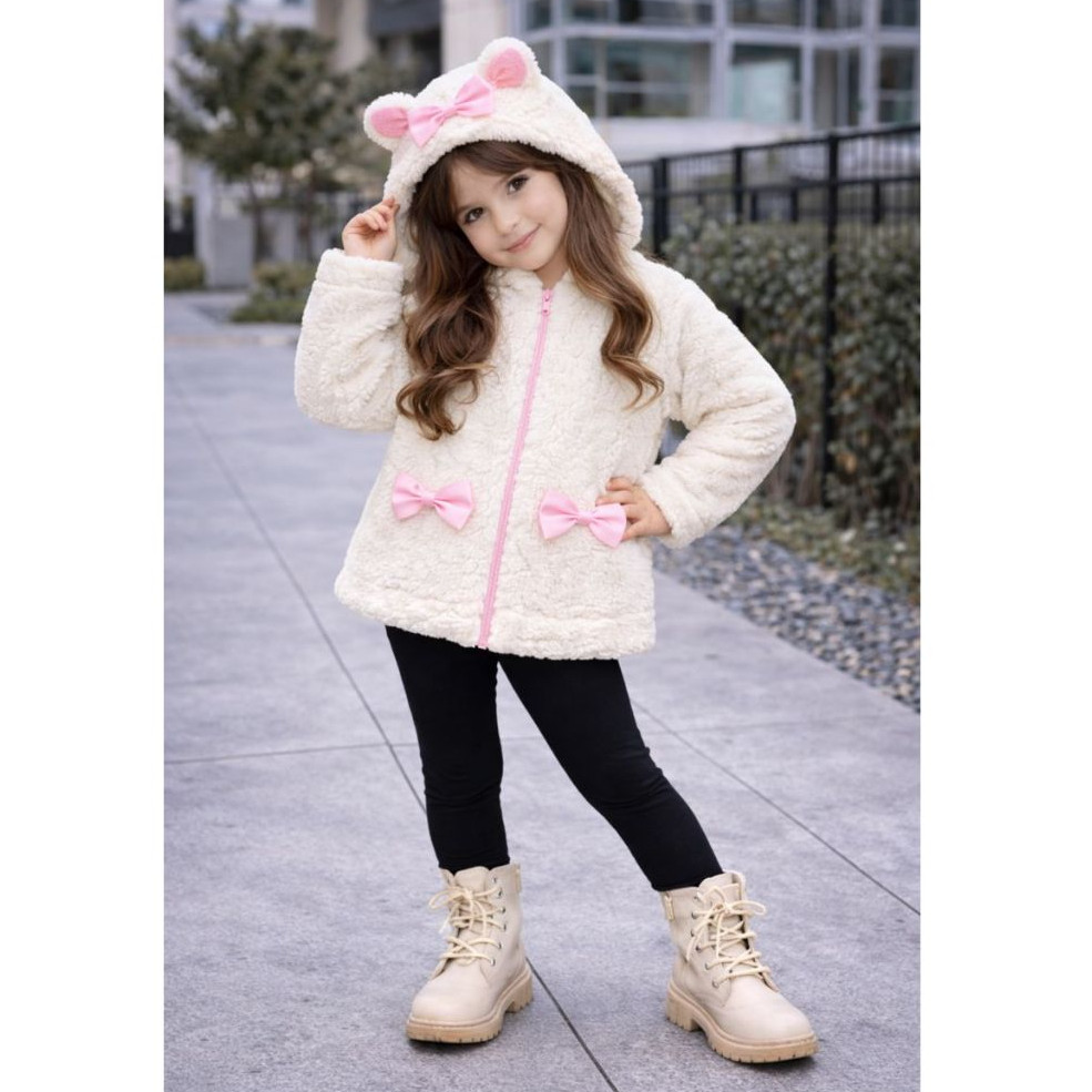 Casaco Teddy Infantil Menina com capuz ded orelhinhas Casaco pelinho Quente Jaqueta frio Infantil