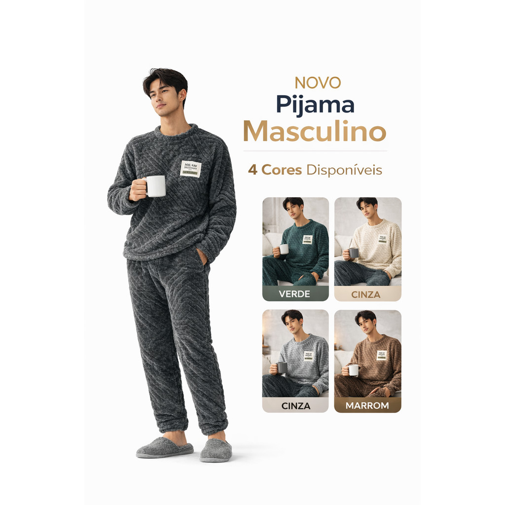 Pijama Masculino De Inverno Peluciado Manga Longa Com Calça Conjunto Quente Macio Para Dormir E Ficar Em Casa