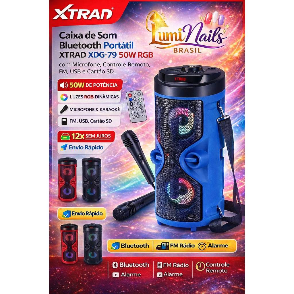 Caixa de Som Bluetooth 50W RGB com Microfone Karaokê Portátil Bateria Recarregável FM USB SD