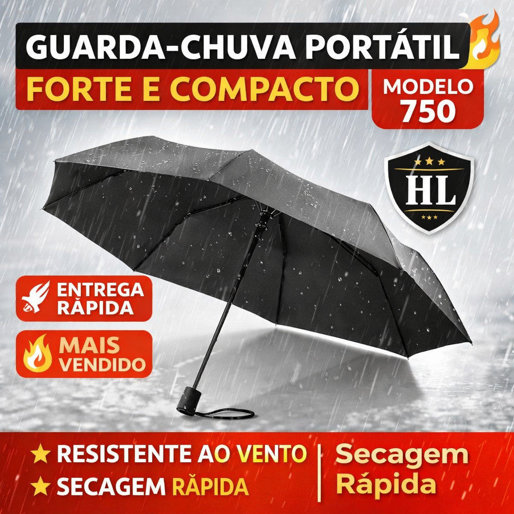 Guarda Chuva Compacto Preto Modelo 750 HL  Adulto Unissex Dias Chuvosos Passeios Eventos Ao Ar Livre Proteção E Estilo