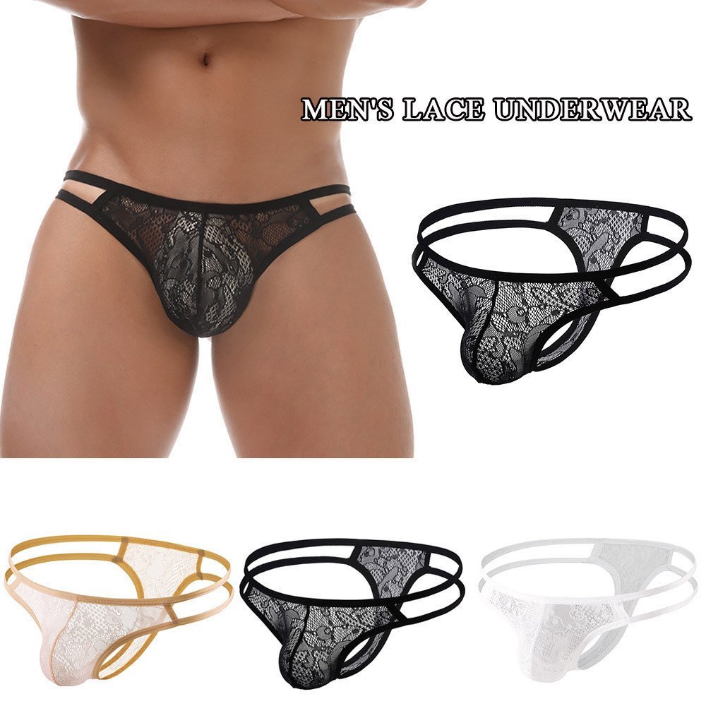 Cueca masculina sexy de renda vazada com cintura baixa
